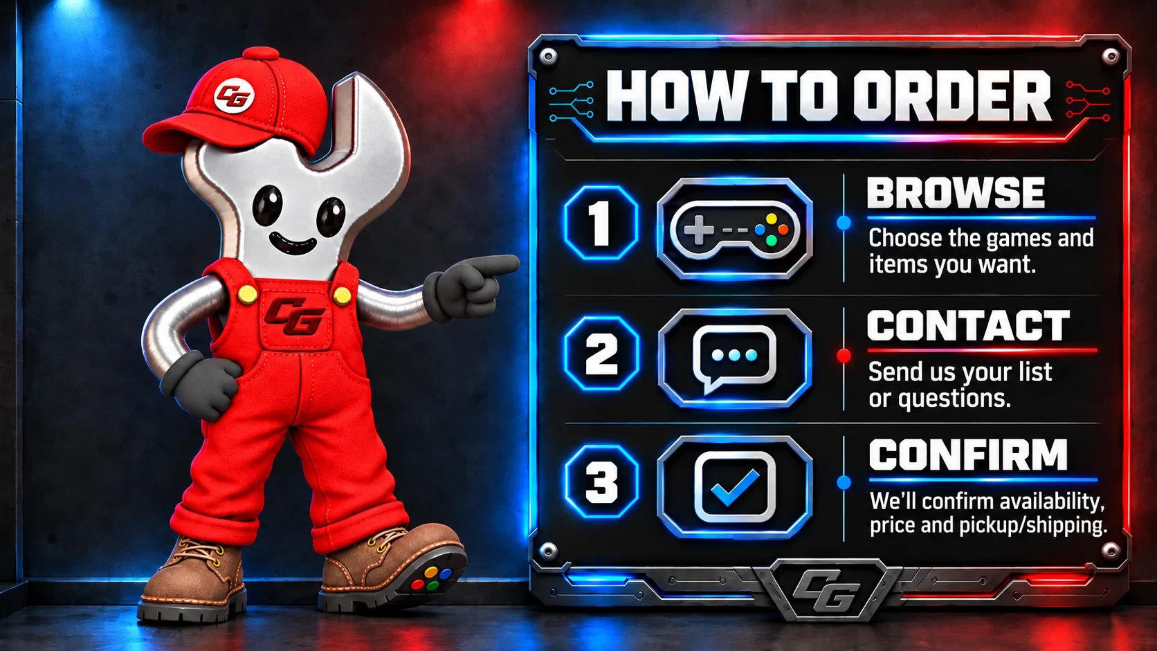The Calgary Games mascot pointing to a How to Order board. The three steps are written out below.