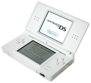White Nintendo DS Lite, open, with the Nintendo DS logo on its top screen