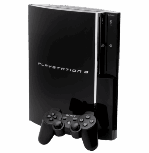 Original black PlayStation 3 console standing upright with its controller in front