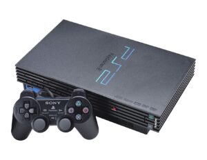 Original PlayStation 2 console lying flat with a black DualShock 2 controller leaning against it